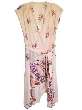 Vintage 70s Floral Chiffon Wrap Dress Boho High-Low Romantic Retro Bird Sz S/M
